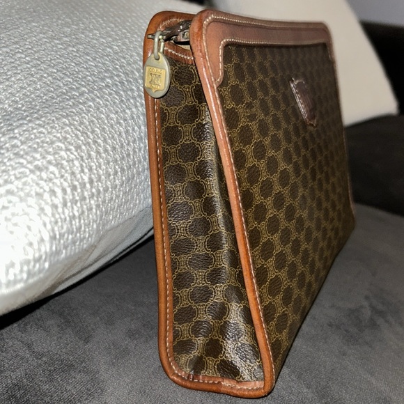 Authentic Celine Vintage Brown Logo Clutch Leather & Web Canvas 11 X 7 Inches - Picture 2 of 16